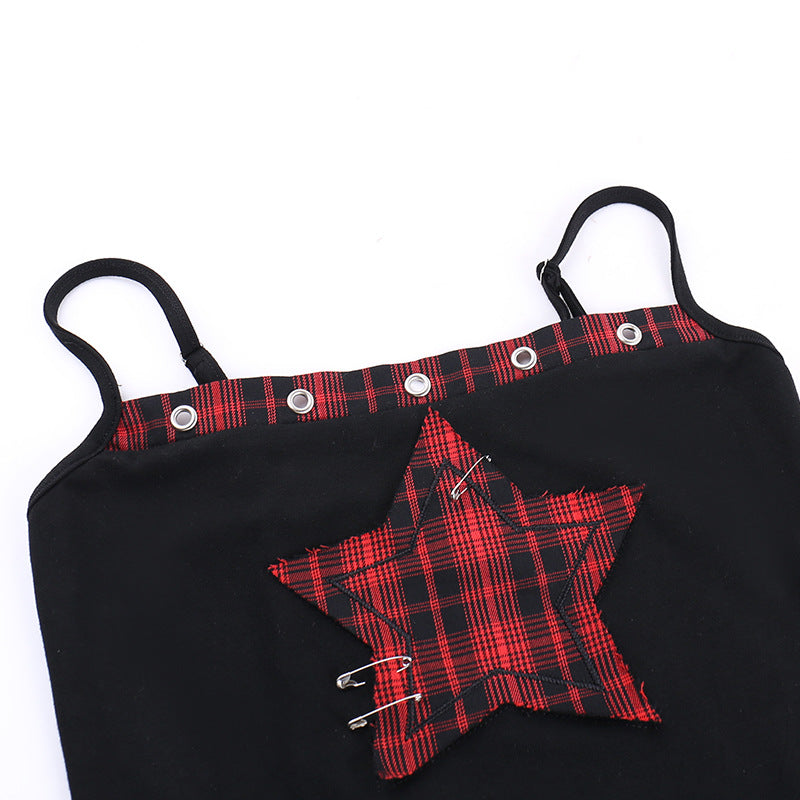 AltGoth Y2k E-girl Vintage Camis Women Mall Gothic Cyber Punk Emo Alt Grunge Hotsweet Plaid Pentagram Patchwork Crop Tank Tops