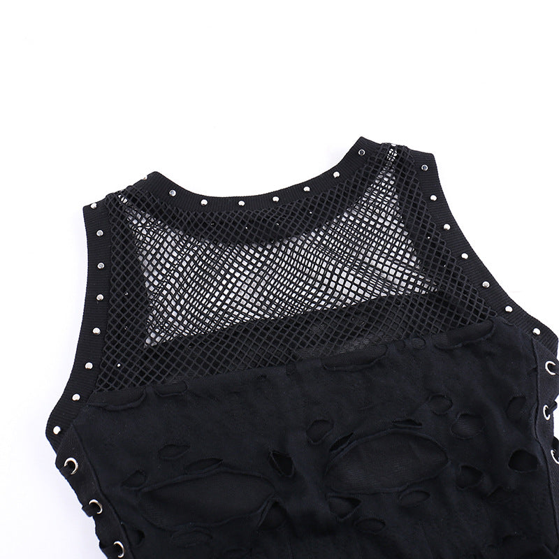 AltGoth Cyber Y2k Hole Vest Women Streetwear Harajuku Vintage Gothic Sexy O-neck Mesh Patchwork See Through Crop Tank Tops Femme