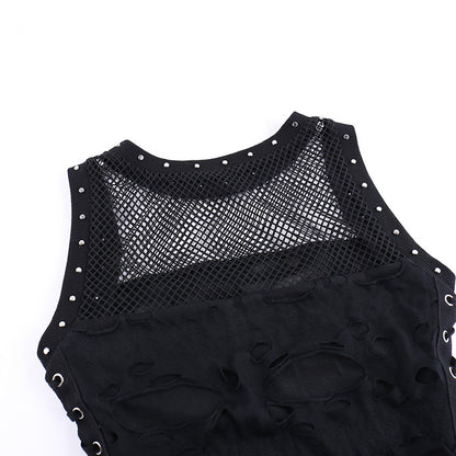 AltGoth Cyber Y2k Hole Vest Women Streetwear Harajuku Vintage Gothic Sexy O-neck Mesh Patchwork See Through Crop Tank Tops Femme