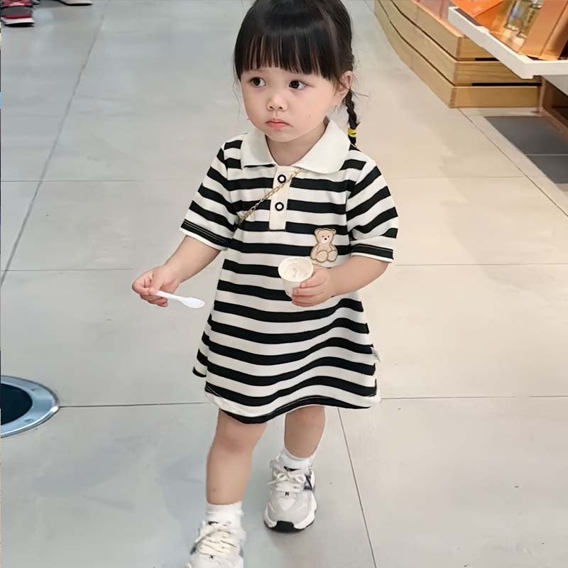 Girls Stripe Bear Polo Dress Summer Short Sleeve Flip Collar Baby Academy Style Trendy Dress Girls Aged 2-10