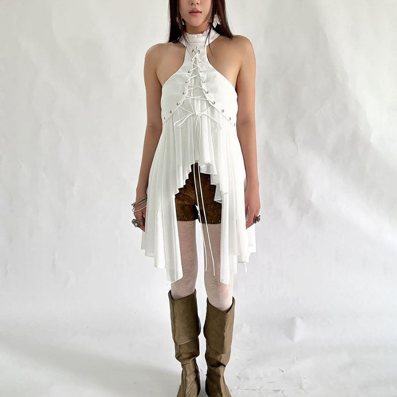 MCDV Mesh Patchwork Irregular Ruffles Vest Women Cross Bandage Elegant O-Neck Sleeveless Slim Tank Tops Y2K Summer Clothes Tees