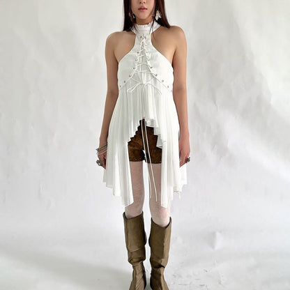 MCDV Mesh Patchwork Irregular Ruffles Vest Women Cross Bandage Elegant O-Neck Sleeveless Slim Tank Tops Y2K Summer Clothes Tees