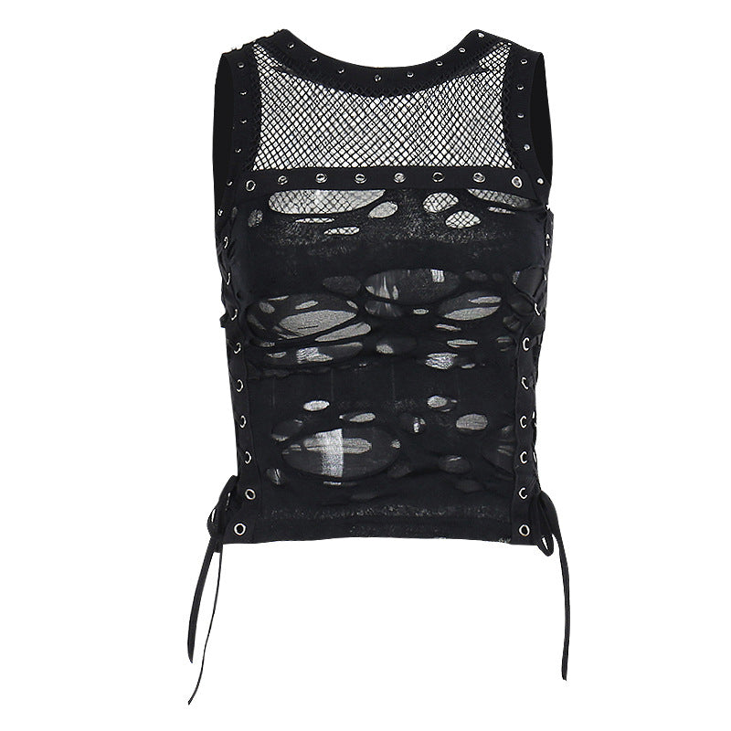 AltGoth Cyber Y2k Hole Vest Women Streetwear Harajuku Vintage Gothic Sexy O-neck Mesh Patchwork See Through Crop Tank Tops Femme