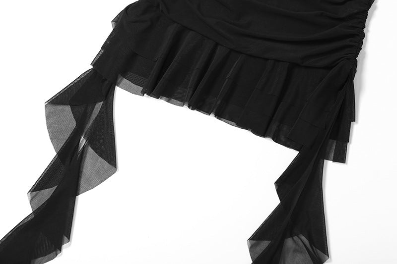 Gtpdpllt See Through Mesh Summer Dresses For Women 2024 Ruffle Backless Low-cut Mini Party Dress Sexy Black Club Y2K Outfits