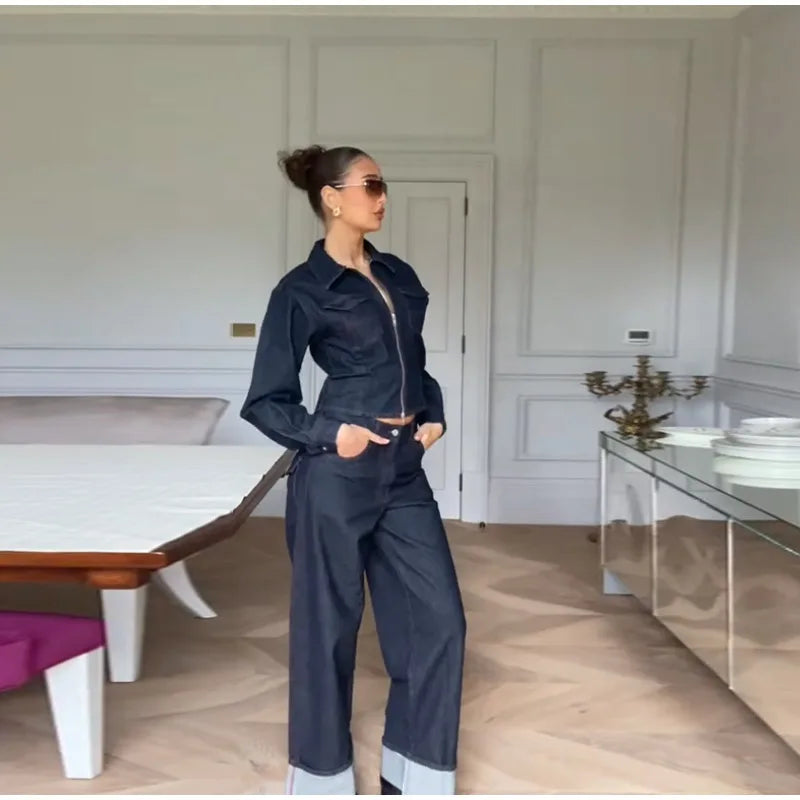 Lapel Zipper Denim Jackets Pants Sets Women Casual Pockets Short Jackets Suit With High Waist Jeans Lady Chic High Street Outfit