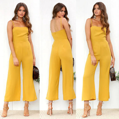Women's Wide-legged Long Jumpsuit Spring Summer Solid Color Sexy Chest-wrapped Zipper Suspenders New 2024 Lady Slim Jumpsuit