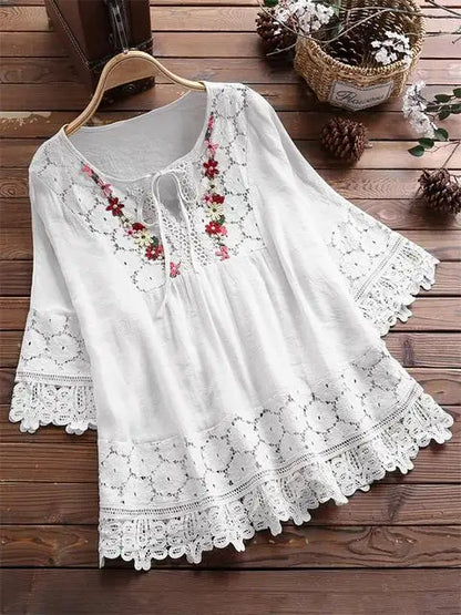 Summer Women Casual Solid Tops Shirt Cotton And Linen Stitching Lace Flower V-neck Loose Top Blouse New Elegant Holiday Shirts WHITE
