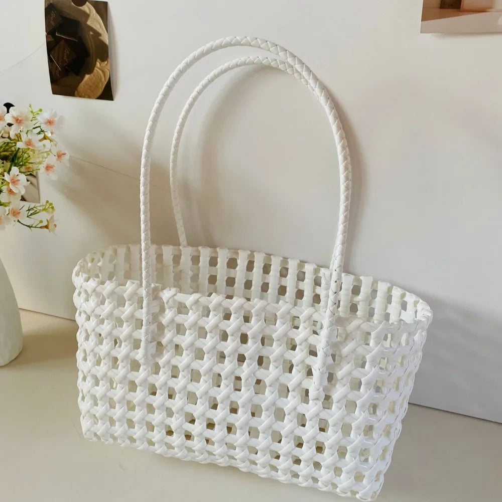 Plastic Hollow Weave Bag Countryside Style Bohemian Style Beach Tote Bag Large Capacity Bucket Bag Vegetable Basket Bag