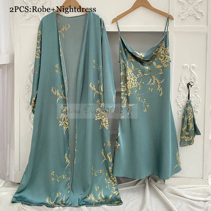 Four Pieces Pajamas Set Printed Little Cherry Sleepwear Women Satin Nightgown With Suspender Sling&Shorts Summer Home Clothes Green Cherry B