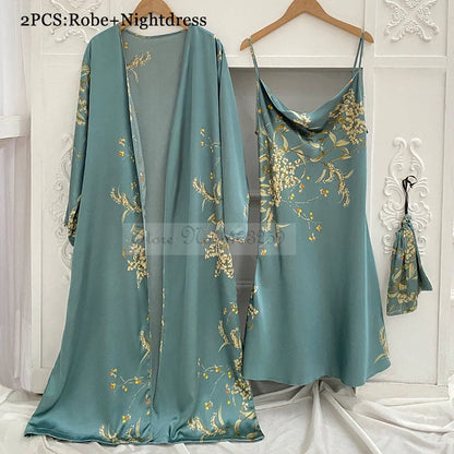 Four Pieces Pajamas Set Printed Little Cherry Sleepwear Women Satin Nightgown With Suspender Sling&Shorts Summer Home Clothes Green Cherry B