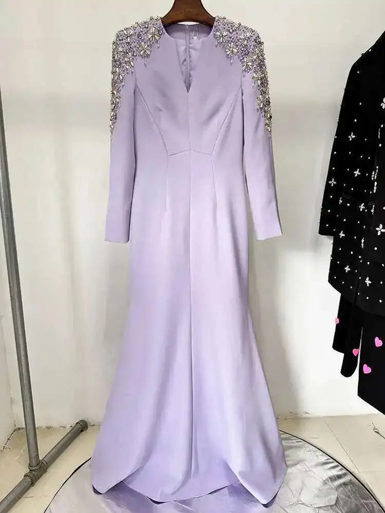 QMQA Fashion Women's Evening Dress Bead Diamond Spliced V Neck Long Sleeve High Waist Maxi Party Dresses 2025 Spring New QM324 Badiee Stylez