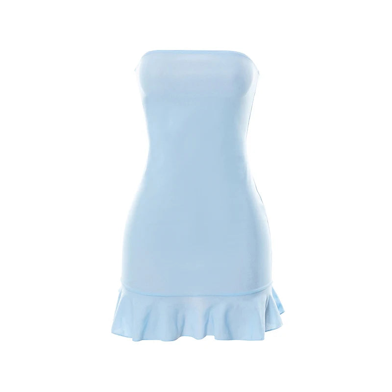 CUTENOVA Women Soft Tender Slight Blue Strapless Wrap Hipster Mini Pleated Dress Pullover Sexy Charm Outfits Girls Dating Wear LIGHT BLUE