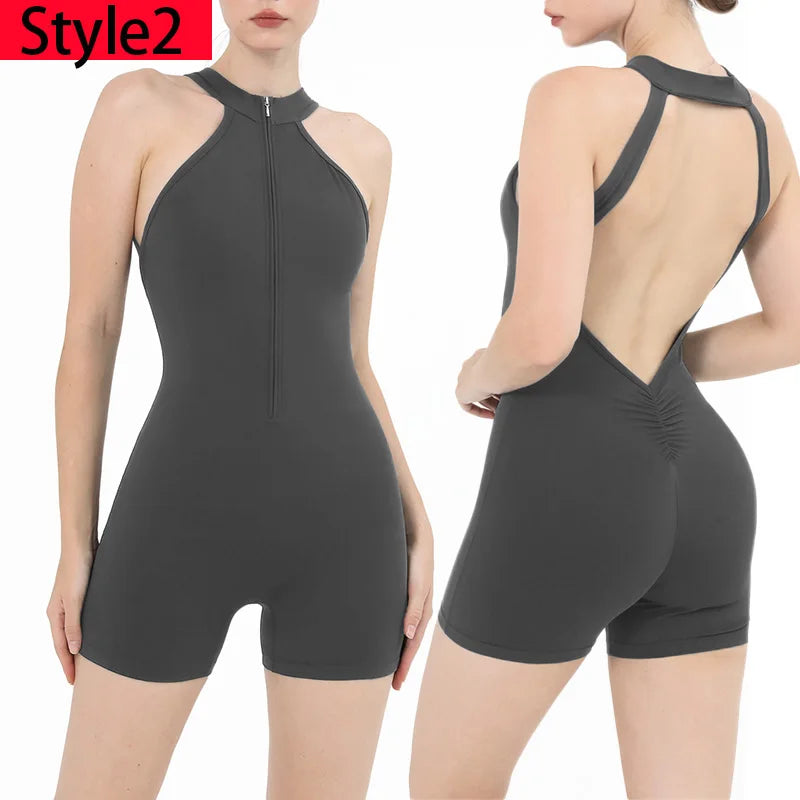 Scrunch Gym Jumpsuit Women's Fitness Suit Short Sets Sports Overalls for Woman Tracksuit Yoga Clothing Zipper Workout Sportswear Style2 Grey