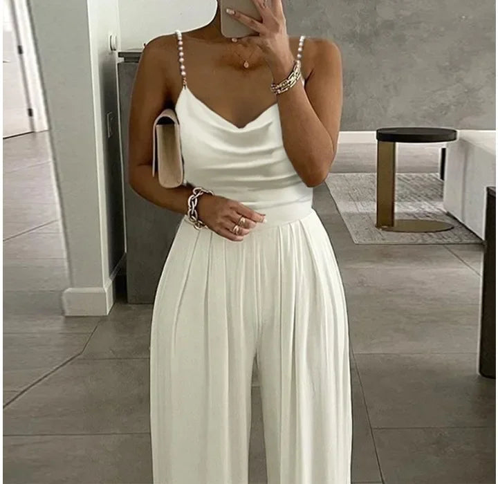 Sleeveless Jump Suits for Women Streetwear 2023 Autumn Pearl Suspender Wide Leg V-neck Backless Long Pants Jumpsuits of Female Badiee Stylez