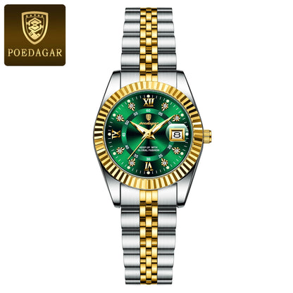 POEDAGAR Original Elegant Women's Watches Waterproof Luminous Date Women Watch Stainless Steel Quartz Fashion Ladies Wristwatch 780 Gold Green