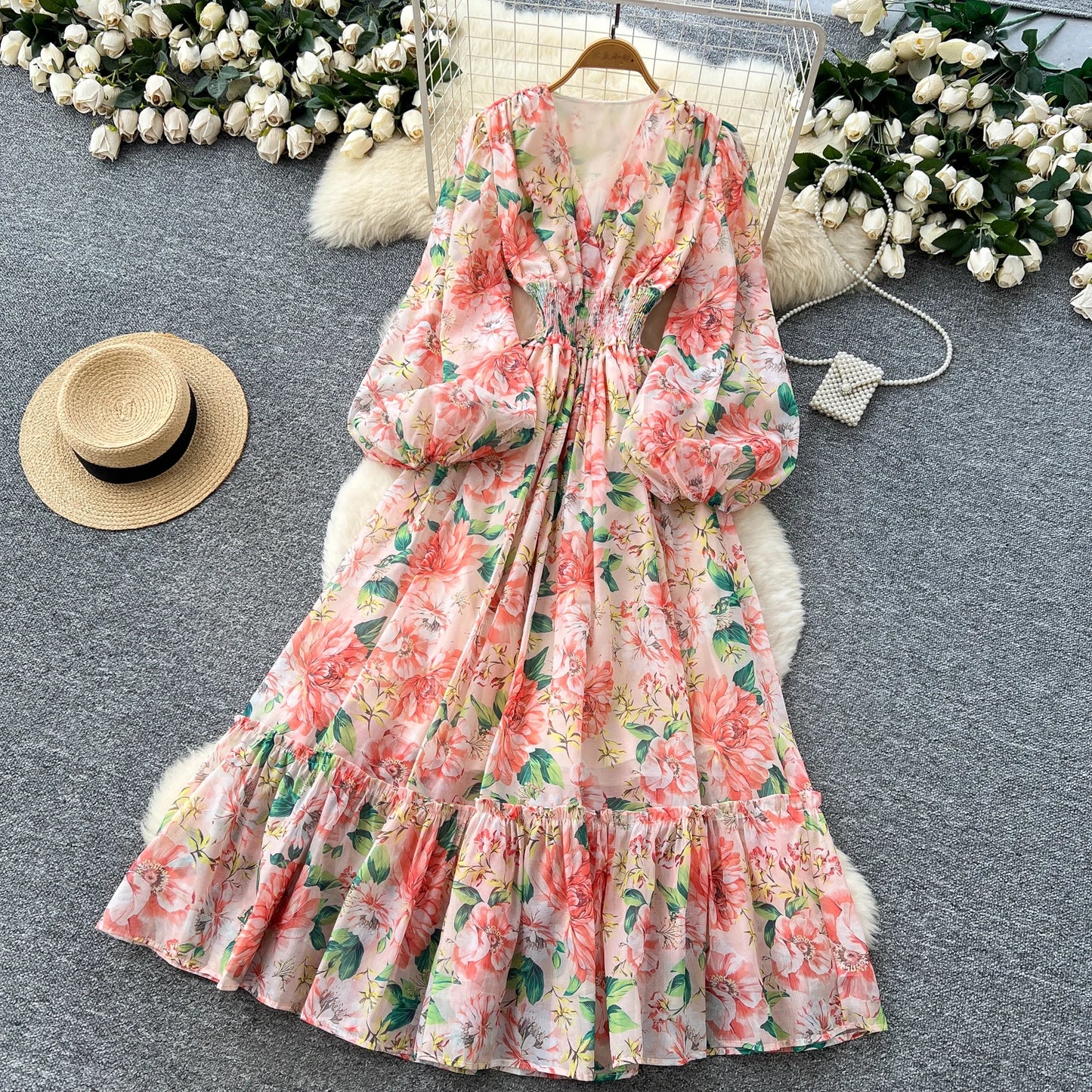 Chic vintage long sleeve lantern sleeve V-neck print pleated Elegant Fairy korean dress women clothing Long dress