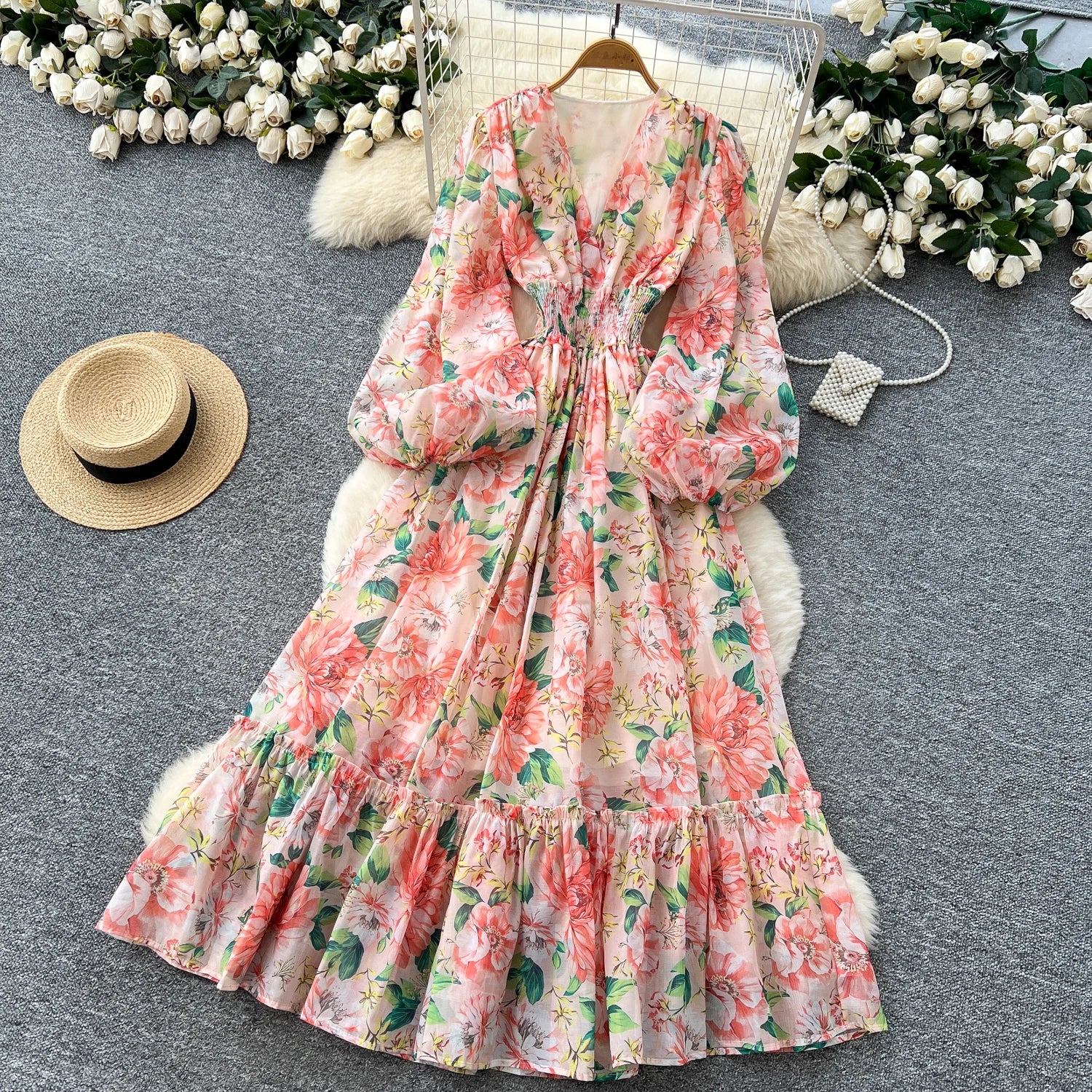 Chic vintage long sleeve lantern sleeve V-neck print pleated Elegant Fairy korean dress women clothing Long dress