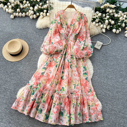 Chic vintage long sleeve lantern sleeve V-neck print pleated Elegant Fairy korean dress women clothing Long dress