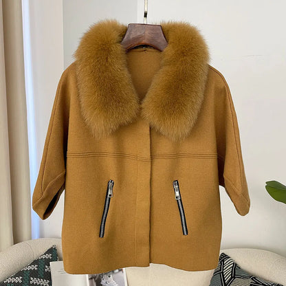 FURYOURSELF 2025 New Real Fox Raccoon Fur Collar Coat Knitted Sweater Women Short Sleeve Jacket Thick Warm Outerwear streetwear