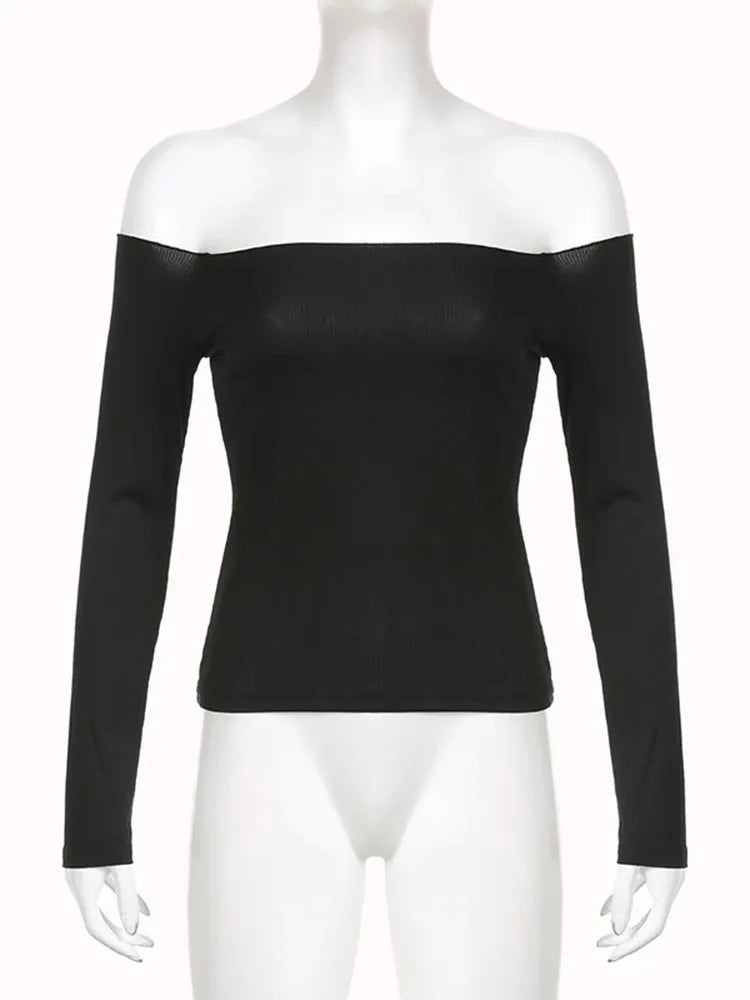 Black Solid Slash Neck Elegant Long Sleeve Tops Korean Fashion Slim Sexy Cropped T Shirt Women Fall Clothing