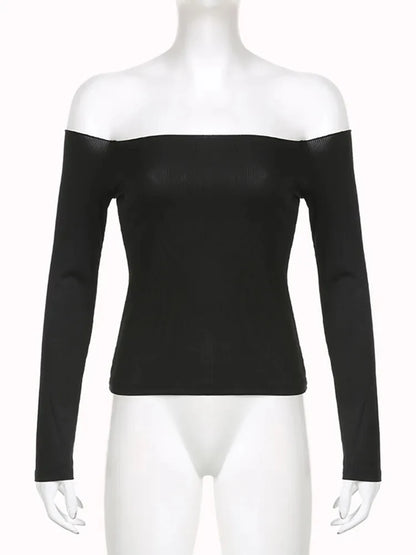 Black Solid Slash Neck Elegant Long Sleeve Tops Korean Fashion Slim Sexy Cropped T Shirt Women Fall Clothing