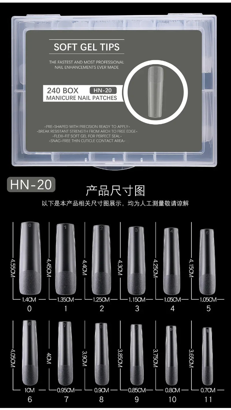 240PCs Extra Long XXL Size False Nail Tips Soft Gel Coffin Square Almond Fake Nail Tips Half Matte No Trace Traceless Nails