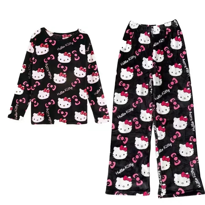 Winter Hello Kitty Pajamas Set Flannel Pants Kawaii Cartoon Pajama Suit Warm Thickened Woman Pants Plush Homewear Cute Sleepwear
