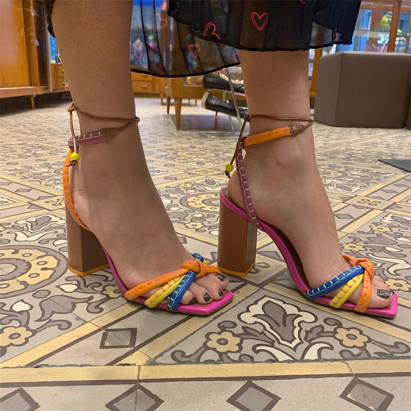 European and American square toe color-blocking thick sole, ethnic style fashion versatile strap high-heeled sandals for women.