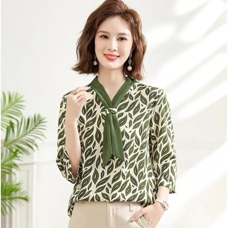 Women's Shirt Middle-aged Mother Elegant Summer Lady Shirts Bandage Floral Printed Chiffon Shirt Blouse Women's Clothing