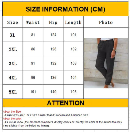 Plus Size XL-5XL Summer Cotton Linen Pants Women 2025 Elastic High Waist Casual Trousers Streetwear Solid Loose Pencil Pants