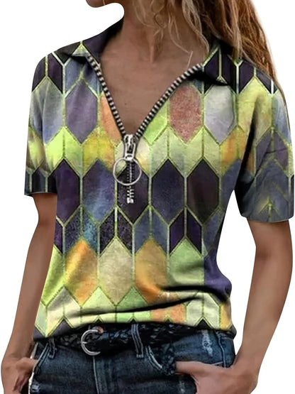 Versatile All-Season Women's Polo Shirt- Easy-Care,Stretch Comfort with Stylish Zip and Geometric Design for Everyday Casual Wea green