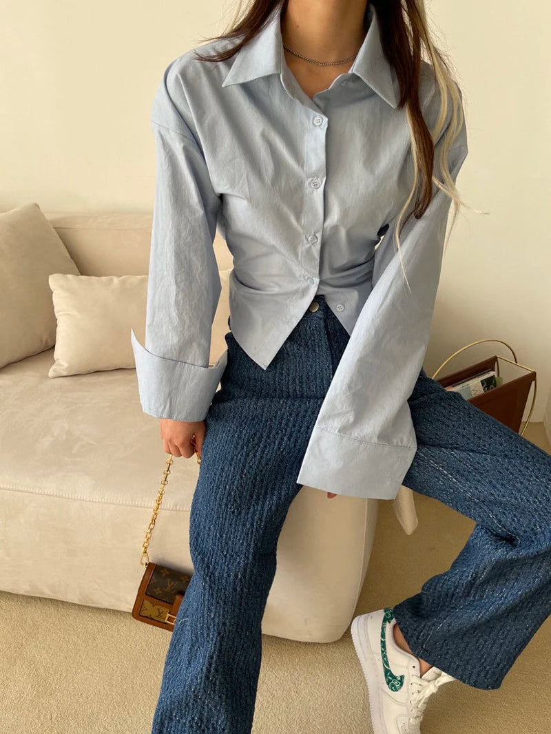 Gidyq Korean Bandage Shirt Women Fashion Backless Sexy Blouse Office Ladies Casual Slim Chic Turn Down Collar Long Sleeve Tops