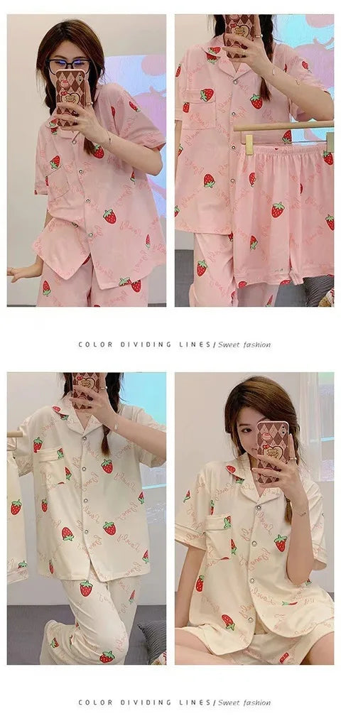 Three-Piece Set of Ladies Pajamas Short Sleeve Long Pants Student Loungewear Cartoon Cardigan Short Sleeve Shorts Cute Pajamas