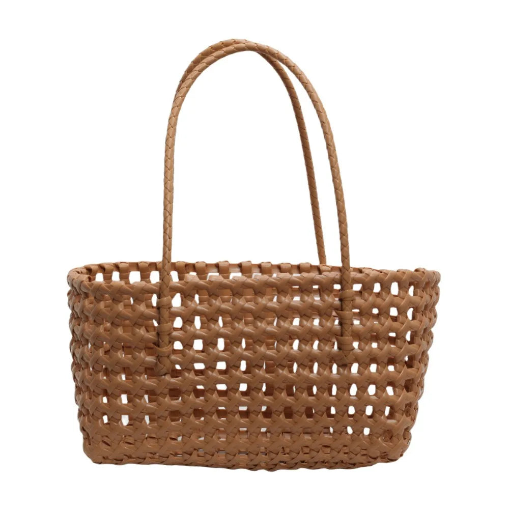 Plastic Hollow Weave Bag Countryside Style Bohemian Style Beach Tote Bag Large Capacity Bucket Bag Vegetable Basket Bag Khaki