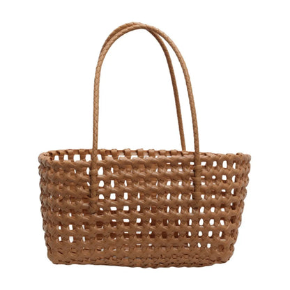 Plastic Hollow Weave Bag Countryside Style Bohemian Style Beach Tote Bag Large Capacity Bucket Bag Vegetable Basket Bag Khaki