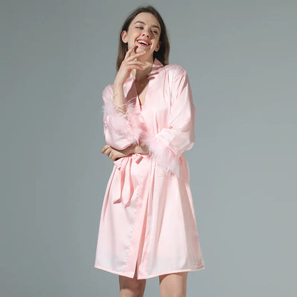 Kimono Bride Bridesmaid Robe Loungewear Wedding Bathrobe Gown Feather Women Embroidery Letter Sleepwear Short Satin Nightgown Pink Solid