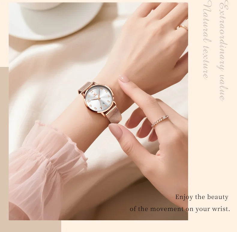 OLEVS New 5653 Woman Watch Elegant Rose Gold Mesh Steel Strap Ladies Watches Digital Dial Simple Fashion Quartz Watch for Women