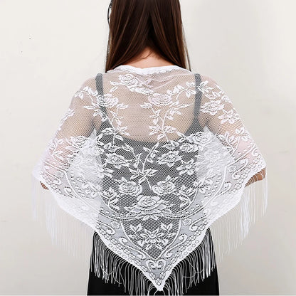 2024 White/Black Catholic Woman Spanish Style Lace Tassel Church Veil Head Covering Long Veil Floral Scarves Wedding Accessories Badiee Stylez