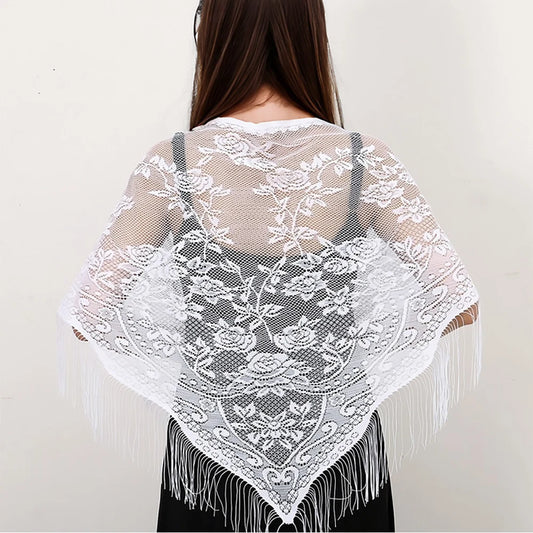 2024 White/Black Catholic Woman Spanish Style Lace Tassel Church Veil Head Covering Long Veil Floral Scarves Wedding Accessories Badiee Stylez
