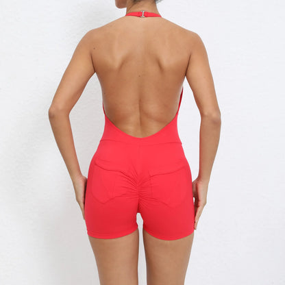 Gym Sport Jumpsuit Short Jumpsuit with Pocket Women Sportswear One Piece Yoga Set Sexy Backless Scrunch Fitness Overalls Romper Red