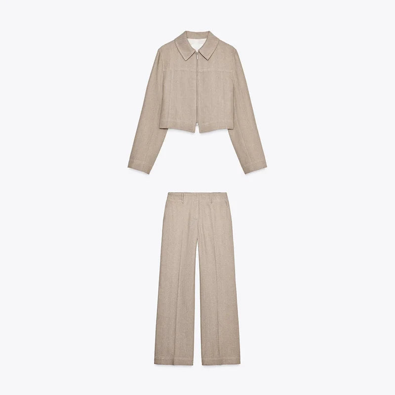 Fashion Short Jackets Pants Sets Women Lapel Zipper Long Sleeve Coats Pleated Straight Pant 2025 Spring Summer Lady Office Suits Suit