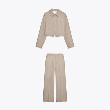 Fashion Short Jackets Pants Sets Women Lapel Zipper Long Sleeve Coats Pleated Straight Pant 2025 Spring Summer Lady Office Suits Suit