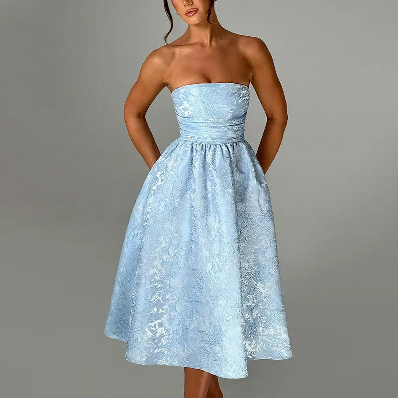 Strapless Backless Bodycon Sexy Dress Women  Elegant Evening Party Dress Jacquard Satin Long Summer Dress Vestidos Badiee Stylez