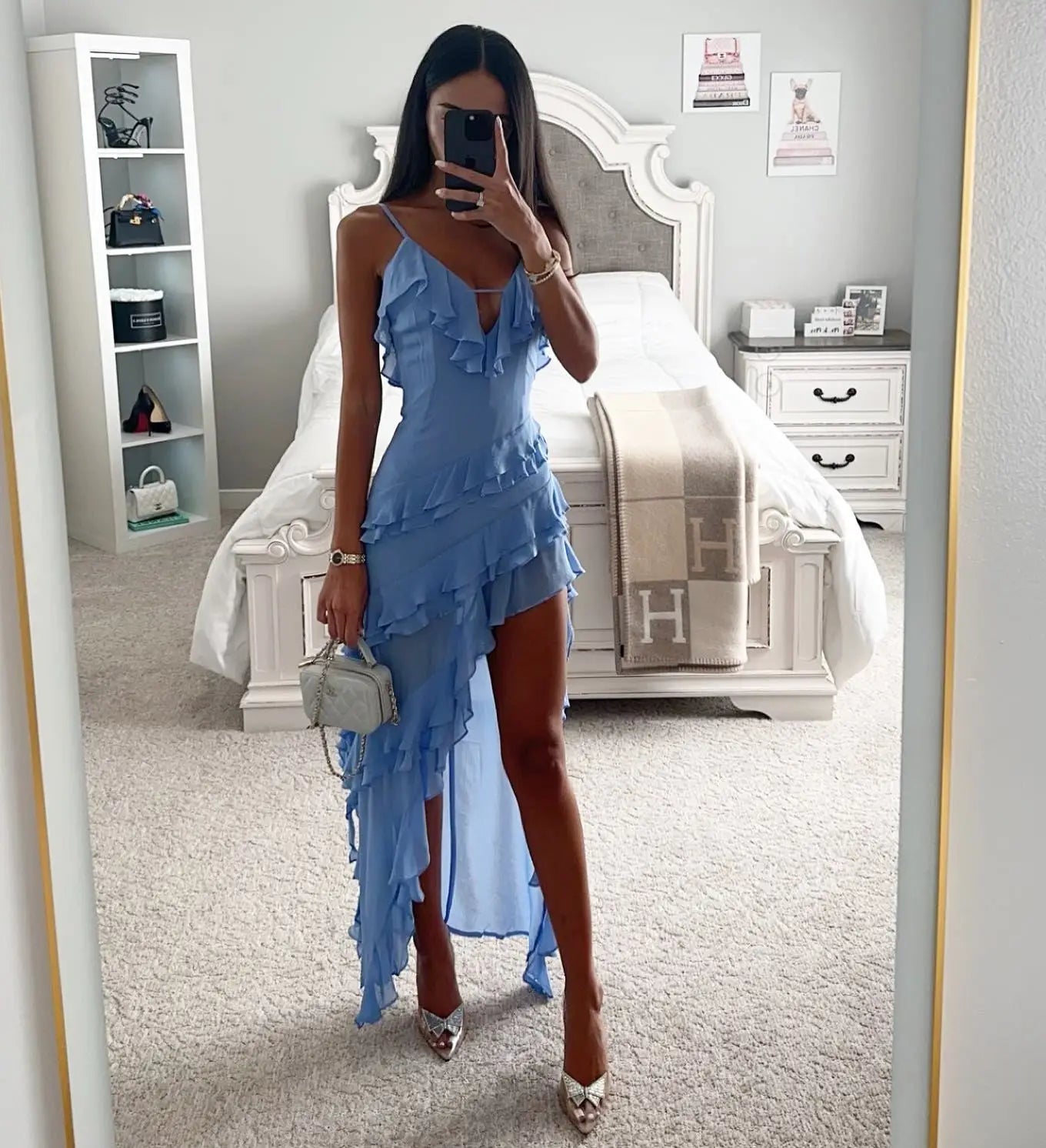 Woman Irregular Tassel Summer Trend Skinny Split Maxi Bodycon Birthday Party Clubwear Vestidos Blue Elegant Women Strap Dresses Sky blue
