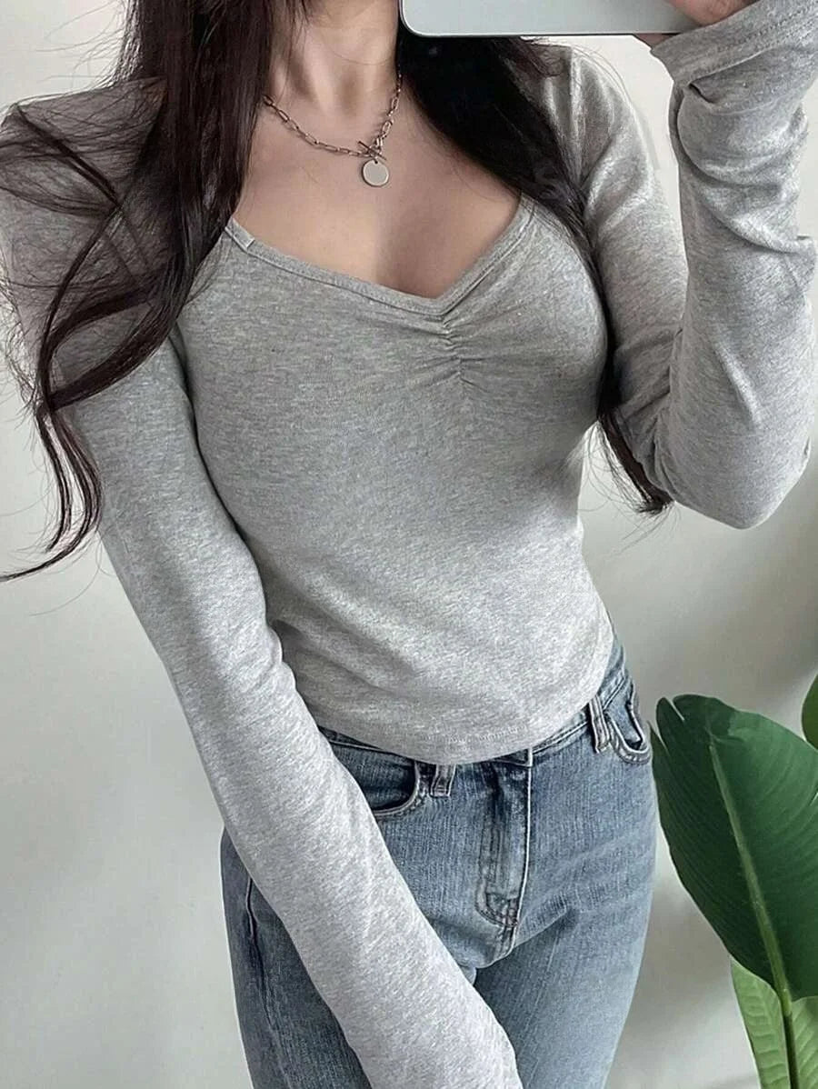 Women Long Sleeve Tops - Sexy Going Out Sweetheart V Neck Basic Shirts Tight Slim Fall Trendy Clothing