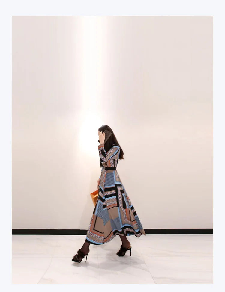 H Han Queen Vintage Print Elegant Long Dress Women Spring Single-breasted Shirt Dresses Waist Swing Ankle-length Vestidos