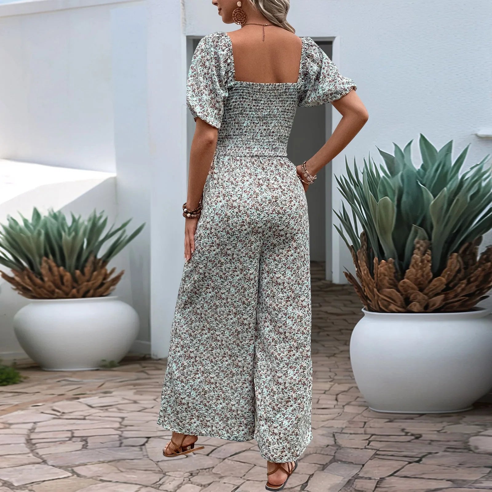 Bohemian Vacation Holiday Jumpsuit Women Pleated Wide Leg Rompers Chiffon Print Ethnic Playsuit Summer Casual Jumpsuits Badiee Stylez