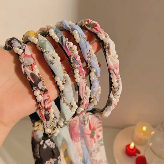 Retro Silk Scarf Headband Floral Print Pearl Braided Hairband Adjustable Bow Non Slip Ribbon Hairband for Women Girls Kid