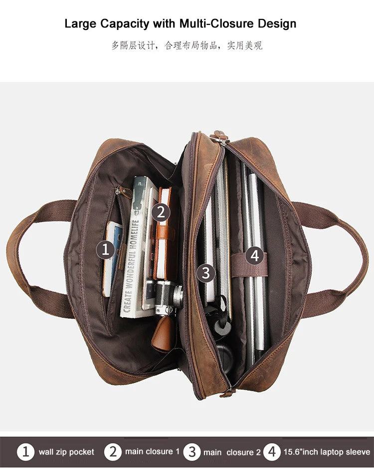High Quality Genuine Leather Men Briefcase Business bag Crazy Horse Leather Large 17"inch Laptop Bag male Portfolio Office Case