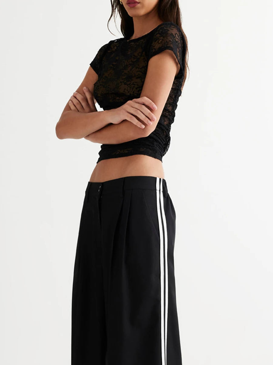 Women Lace Sexy Y2k Basics Minimalist Tanks Camis T-shirt Crew Neck Short Sleeve See-through Summer Tops for Club Party